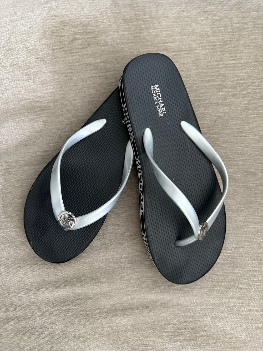 Michael Kors Black Footbed Sandals with Silver Straps